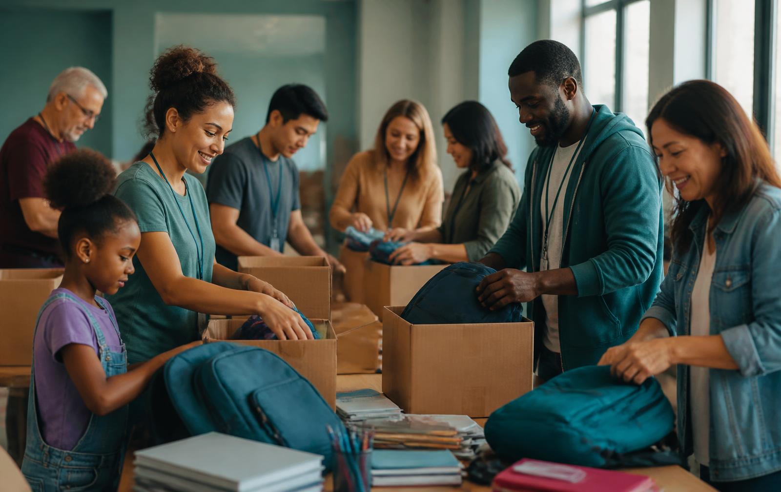 Volunteers packing donation boxes and school supplies together
