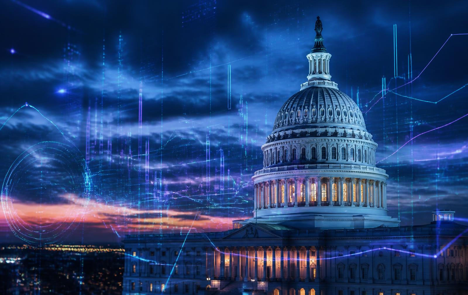 US Capitol at dusk overlaid with glowing data visualizations