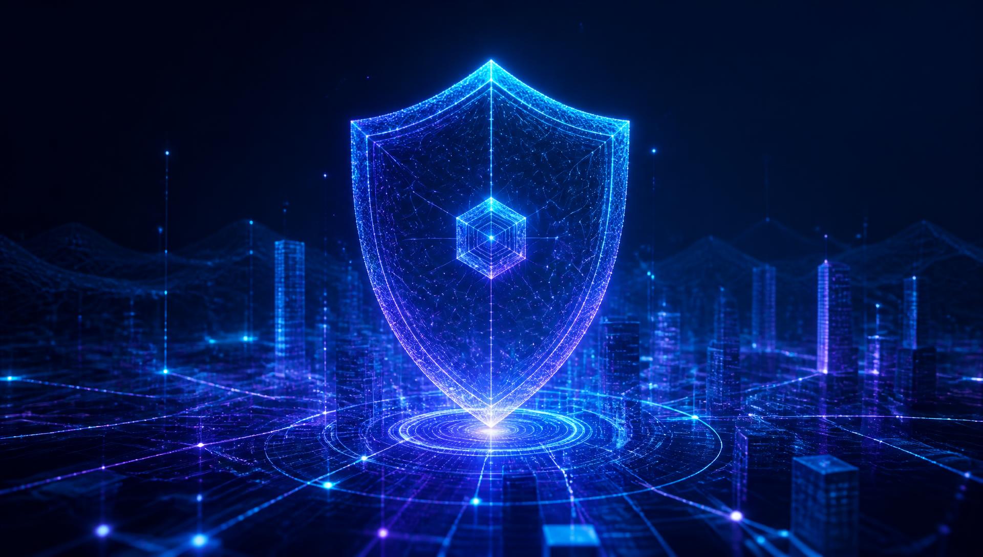 Abstract digital shield formed by glowing network lines