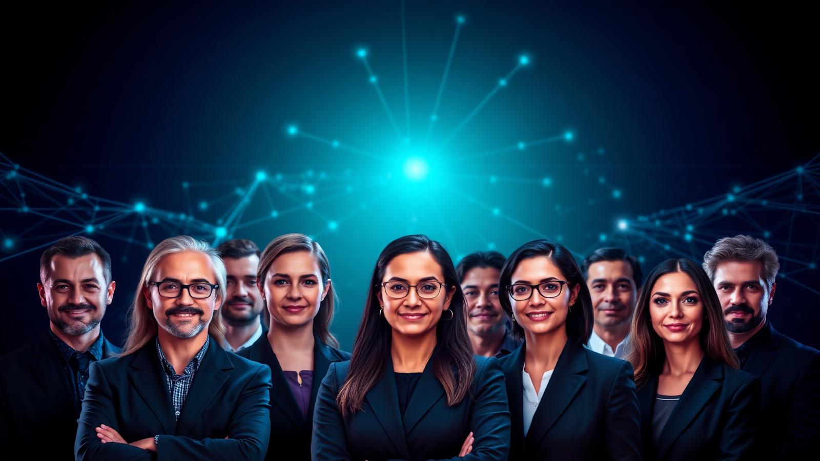 Professional team portrait with digital network accents